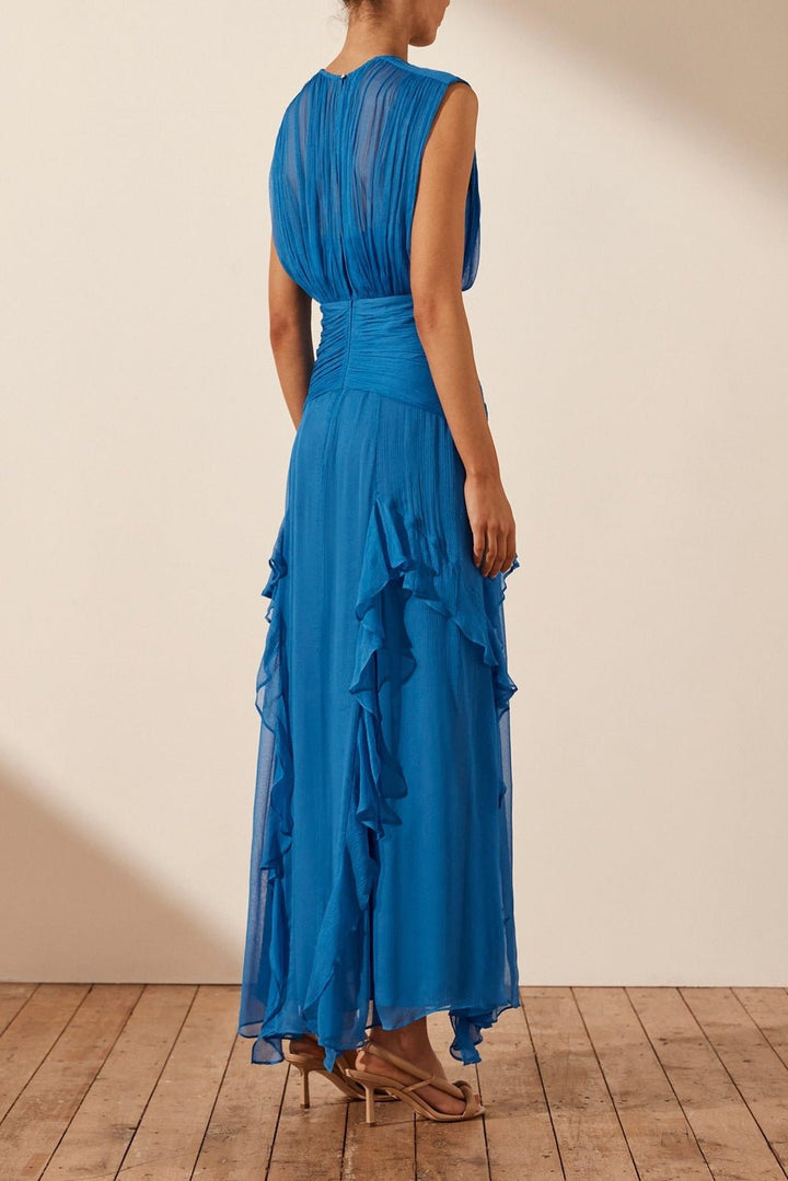 Eileen Pleated Round Neck Ruffle Maxi Dress