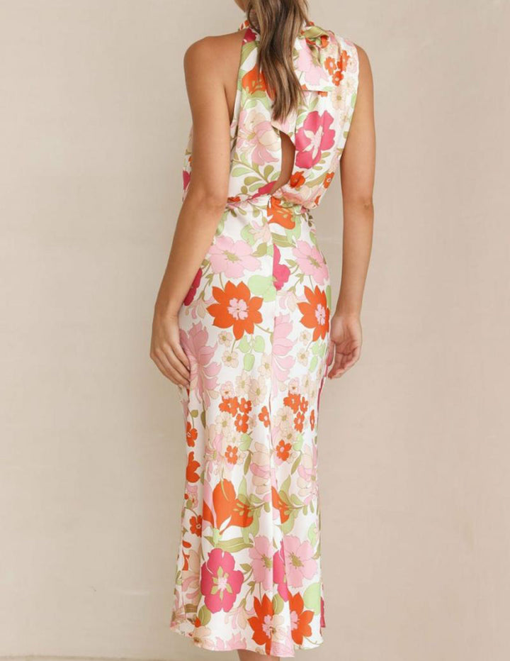 Maxi-jurk met bloemenhalterhals en elastische taille