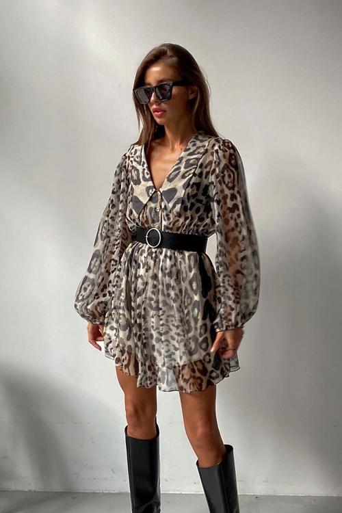 Gail Printed V-neck Belted Chiffon Mini Dress