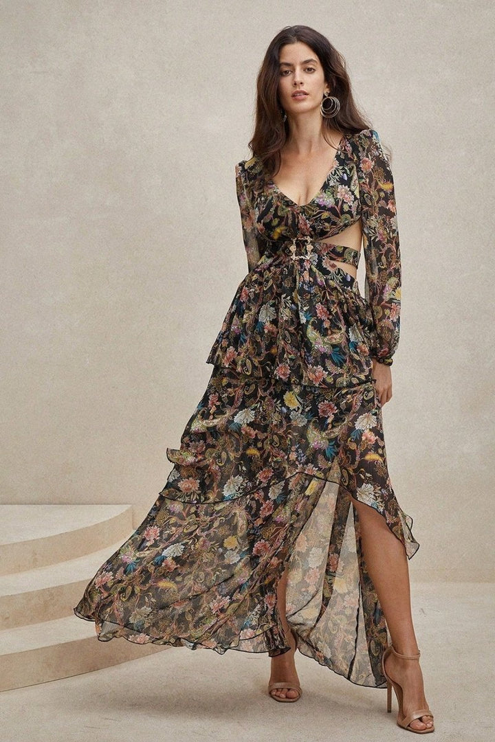 Griselda Floral Printed Cut-out Chiffon Maxi Dress