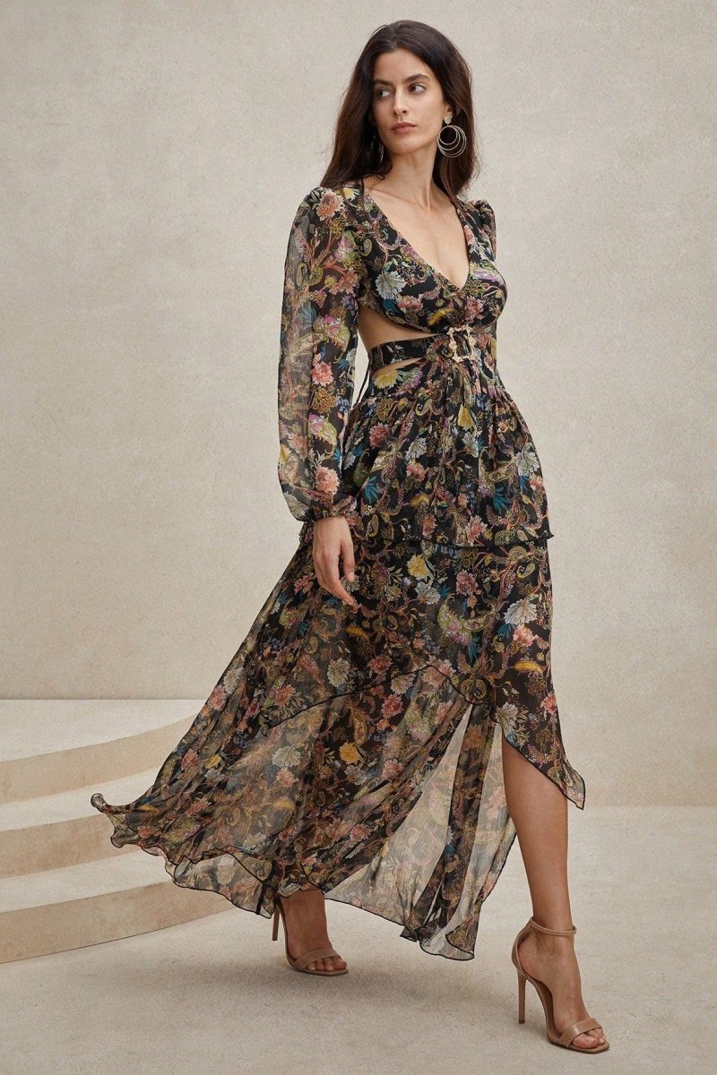 Griselda Floral Printed Cut-out Chiffon Maxi Dress