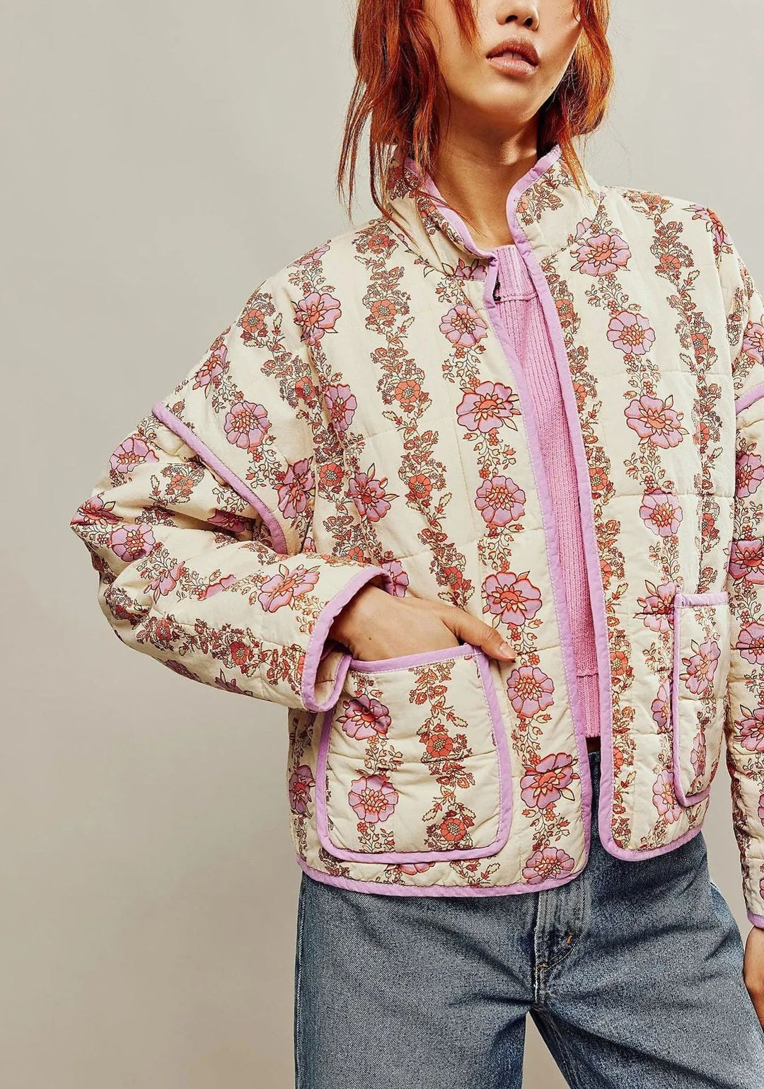 Flower Print Pocket Clip Cotton Drop Shoulder Jacket