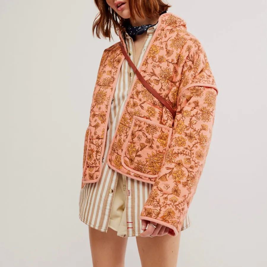 Floral Print Stand Collar Patchwork Jacket