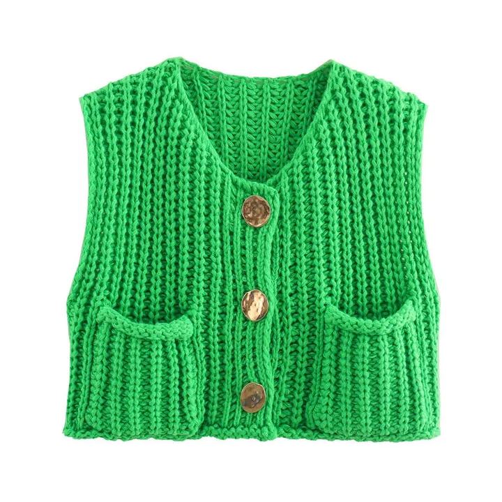 Large Buttons Solid Color Knit Vest Cardigan