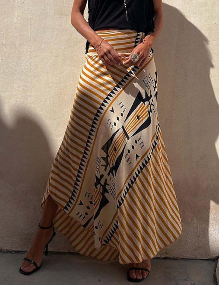 High Waist Stripes Split Printed Maxi Irregular Skirt