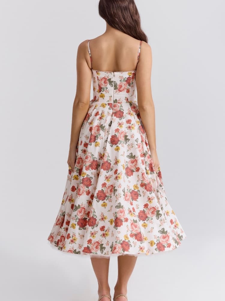 Vestido midi de tule com estampa rosa italiana