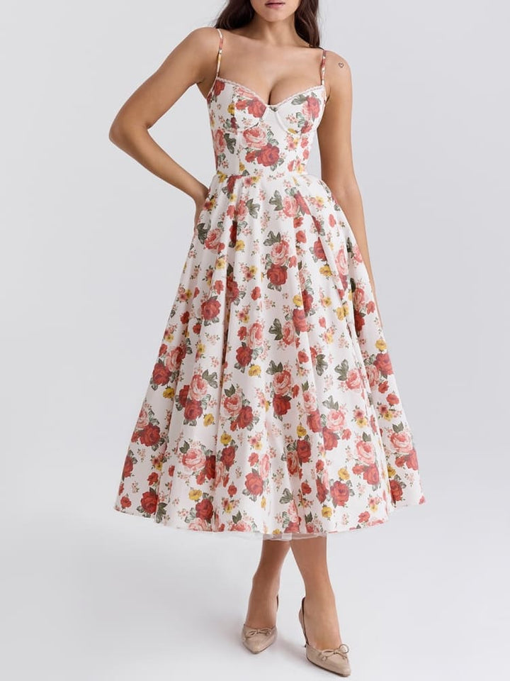 Italienesch Rose Print Tulle Midi Kleed