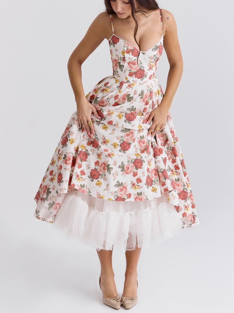 Italienesch Rose Print Tulle Midi Kleed