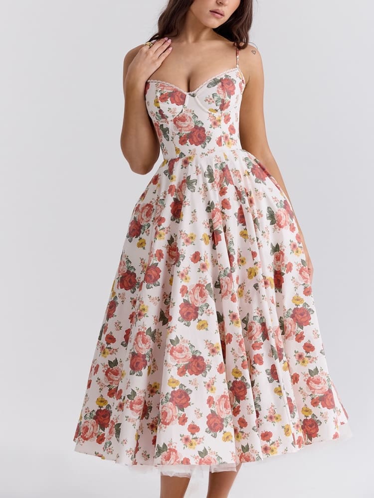 Italiensk Rose Print Tulle Midi-kjole