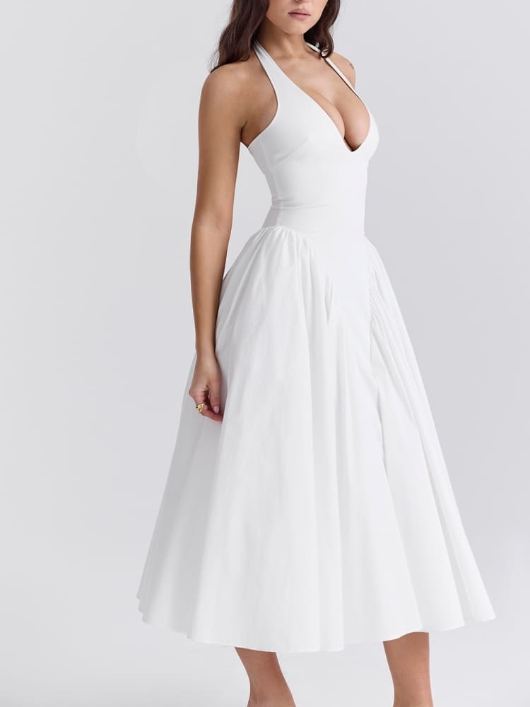 Witte katoenen halter midi-zonnejurk