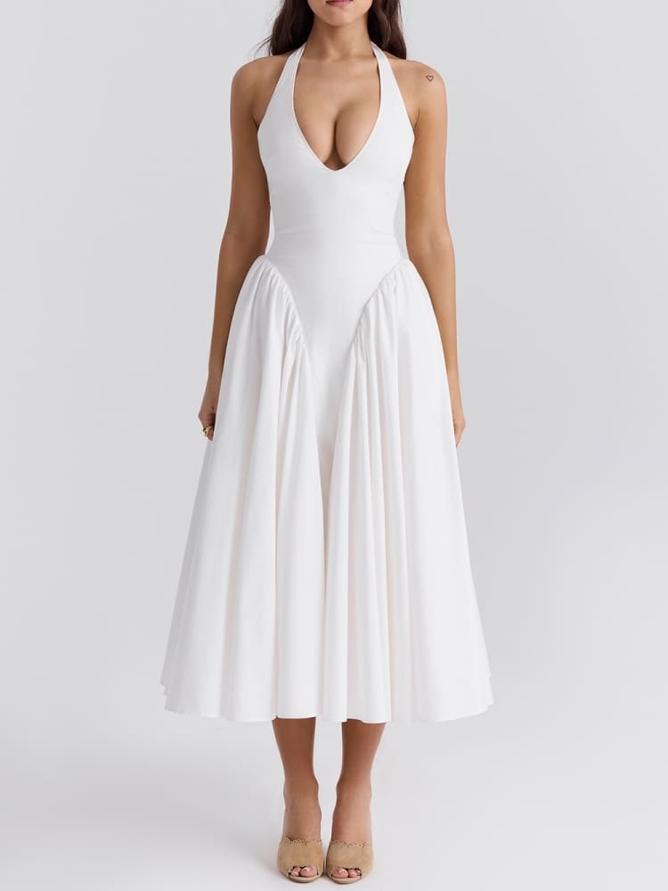 Witte katoenen halter midi-zonnejurk