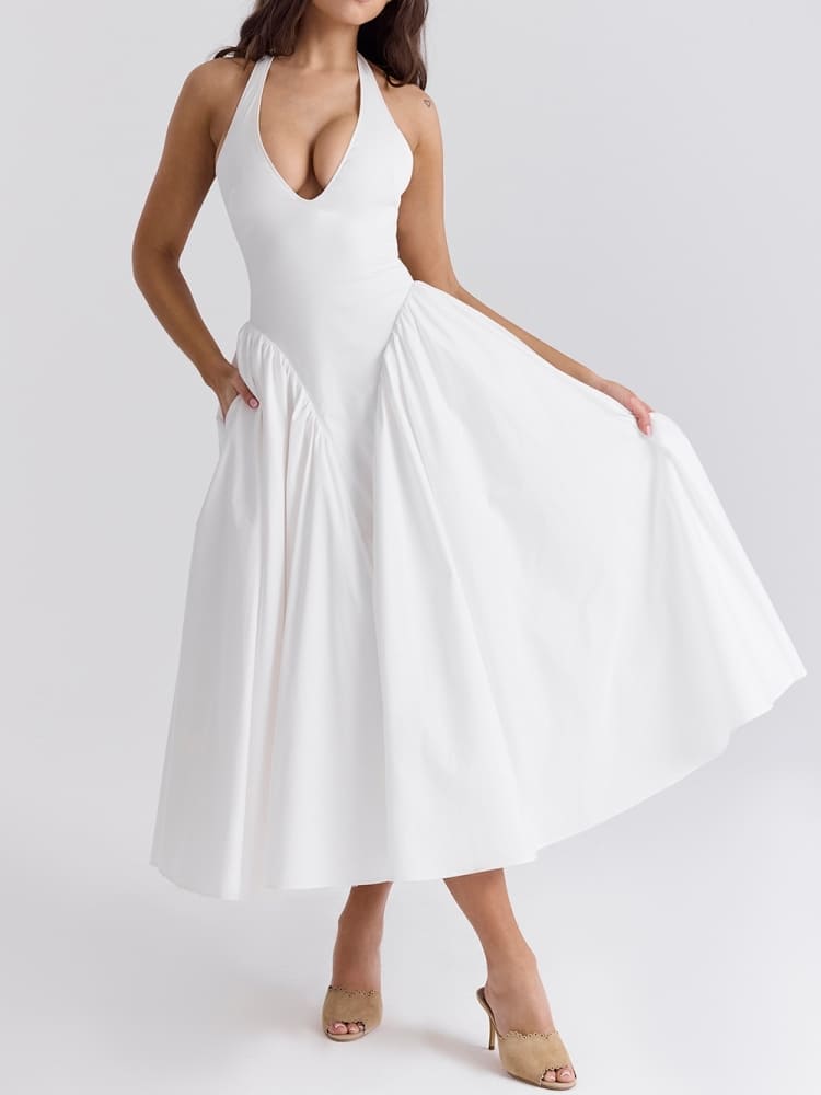 Valkoinen Cotton Halter Midi Sundress