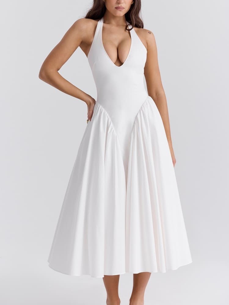 Witte katoenen halter midi-zonnejurk