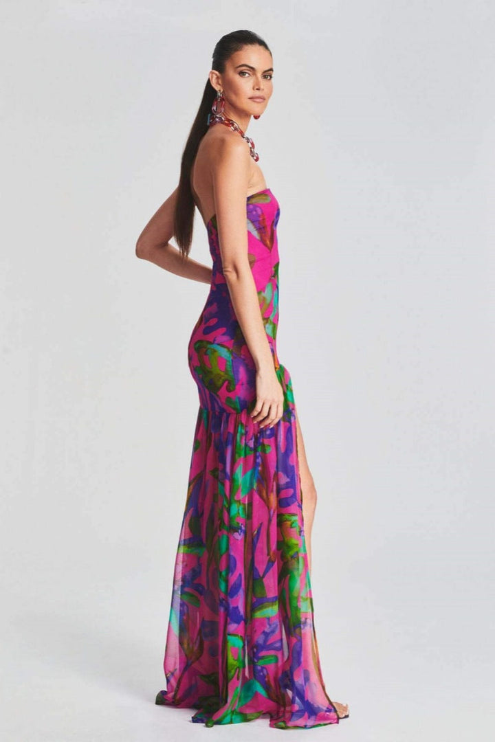 Pam Printed Strapless Slit Maxi Dress