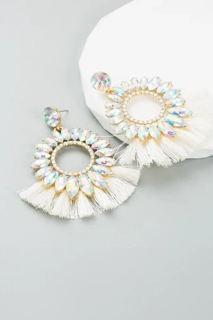 Naomi Sunflower Shape Diamante Tassel Earrings