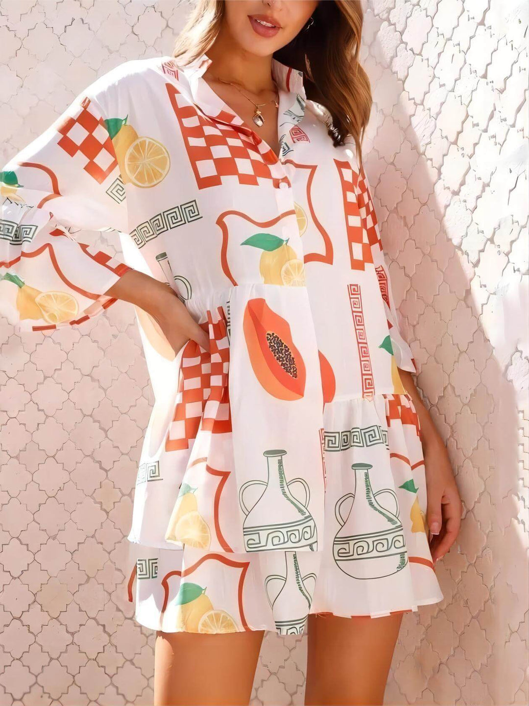 Vestido corto estilo camisa suelta estilo étnico