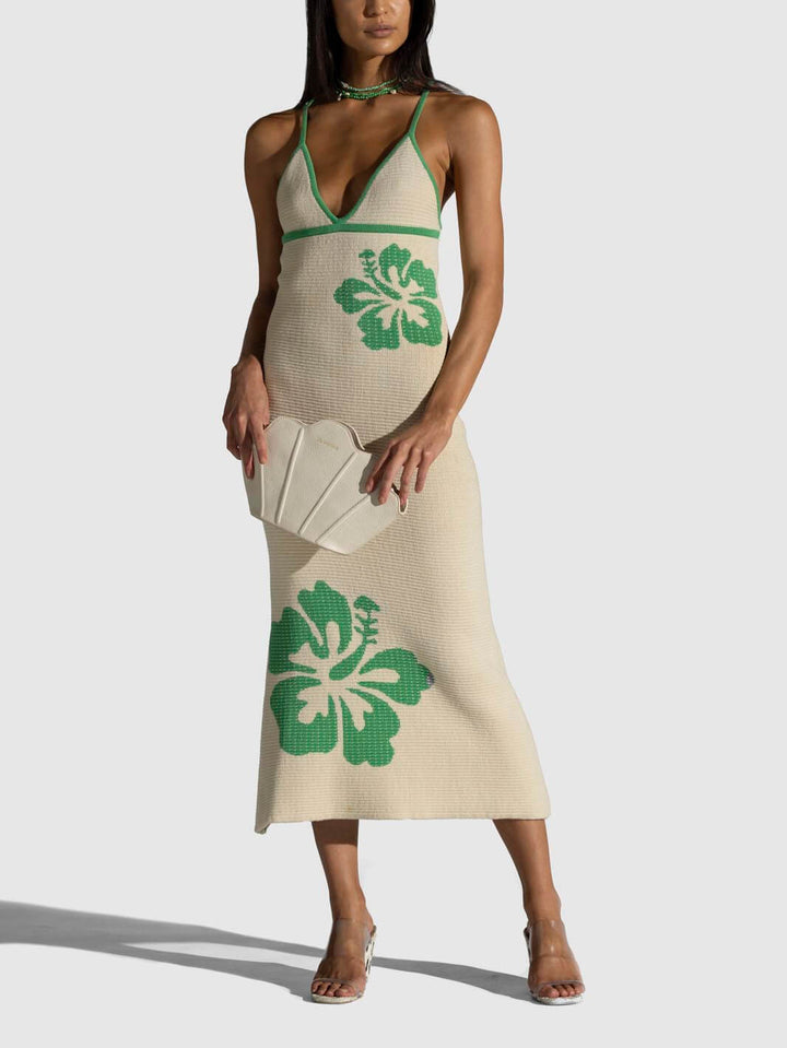 Gebreide jarretel halternek V-hals backless sexy midi-jurk