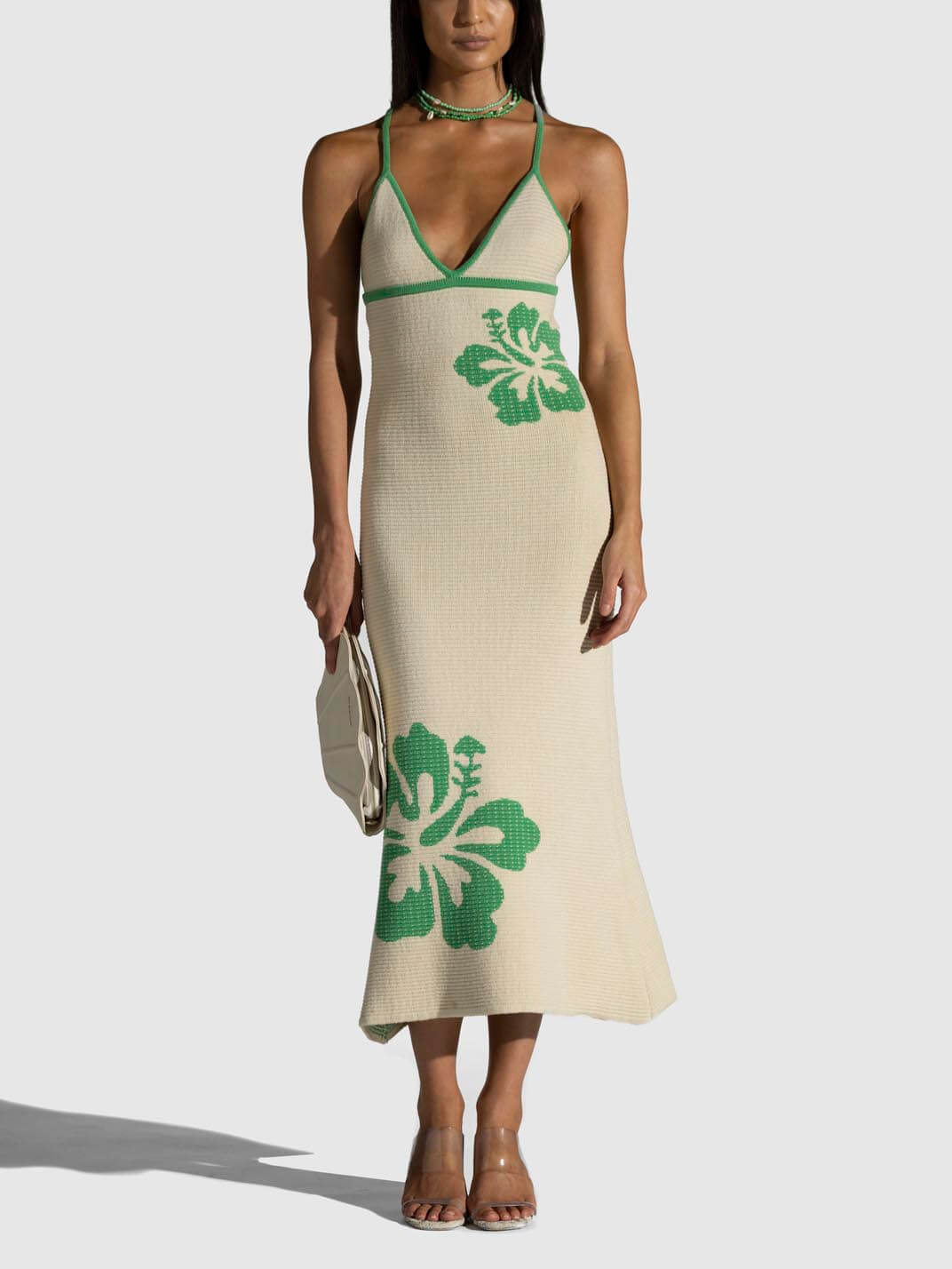 Gebreide jarretel halternek V-hals backless sexy midi-jurk