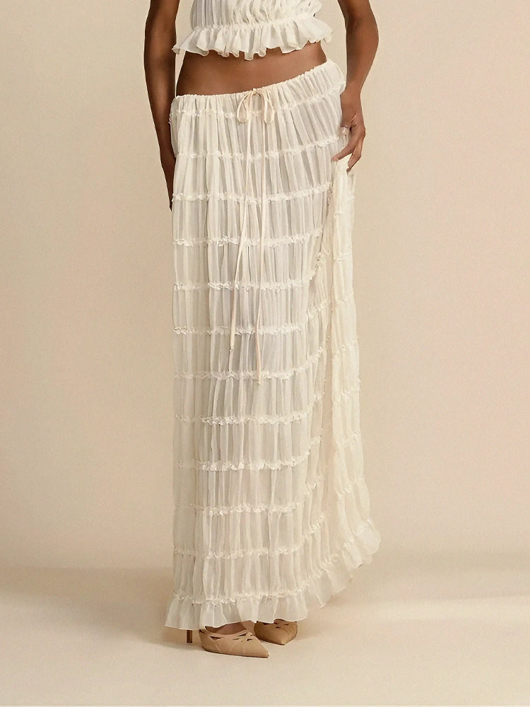 Charme Plisséiert Drawstring Taille Tiered Maxi Rock