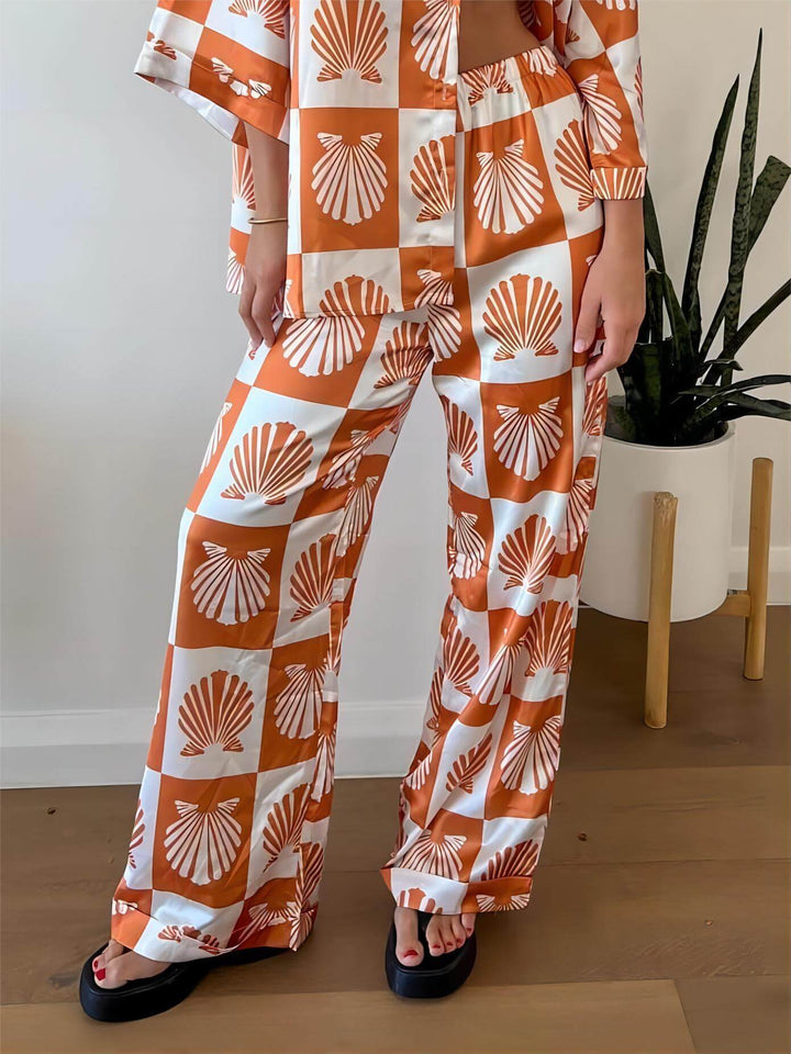 Conjunto de pantalones de pierna ancha con estampado de concha de satén especial