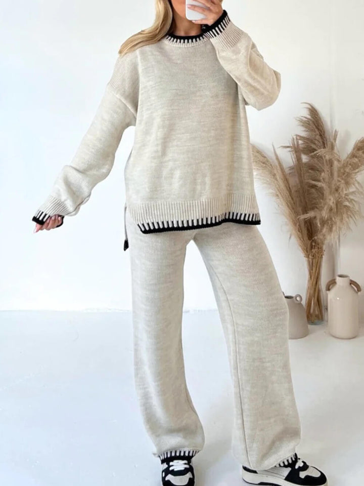 Blanket Stitch Trim Knitted Jumper And Trousers