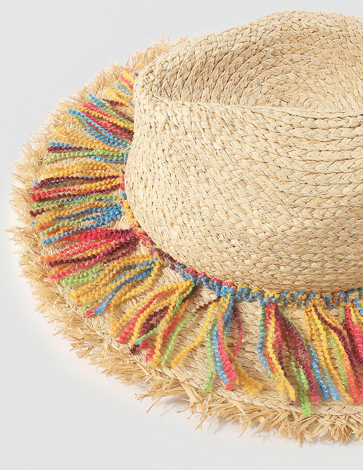 Chapeau de paille à pompon en corde de coton coloré