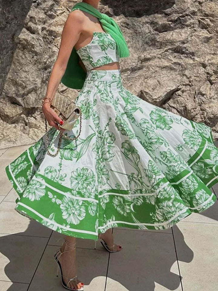 French Floral Swing Skirt Suspender Dress