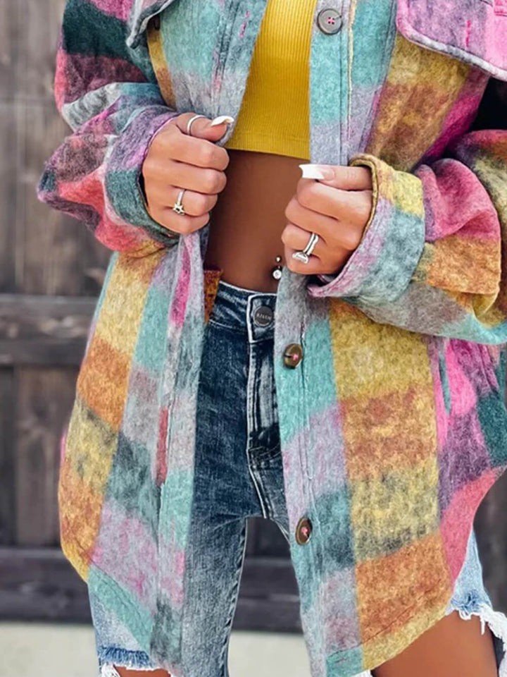 Jednorzędowy wełniany płaszcz z klapami w bloki kolorów