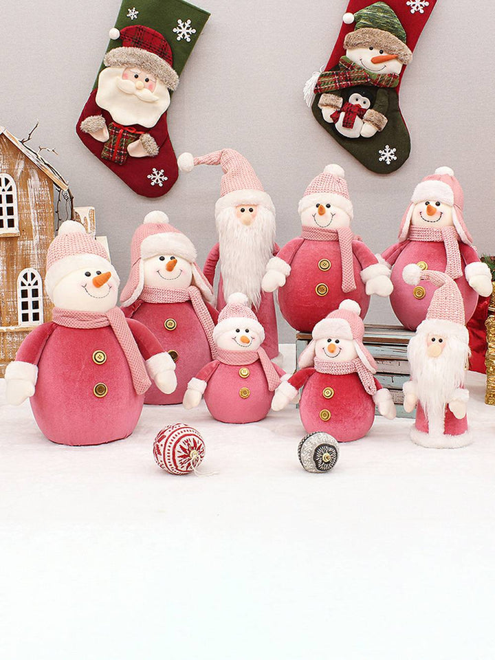 Chapeau tricoté en tissu rose, bonhomme de neige en peluche, décoration de noël