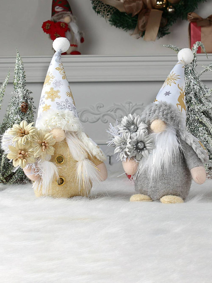 황금 & 은색 꽃 루돌프 인형을 들고 있는 크리스마스 플러시 엘프