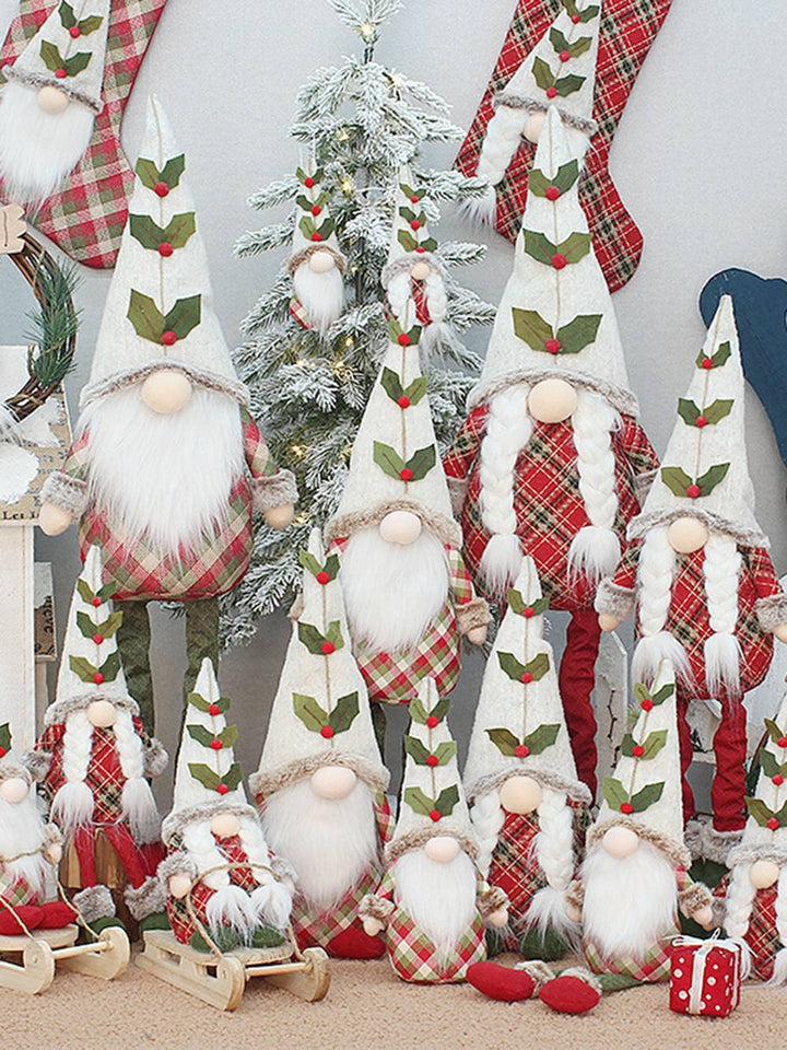 Bonecos de pelúcia gnomos de árvore de Natal xadrez vermelho com poses sentadas e em pé