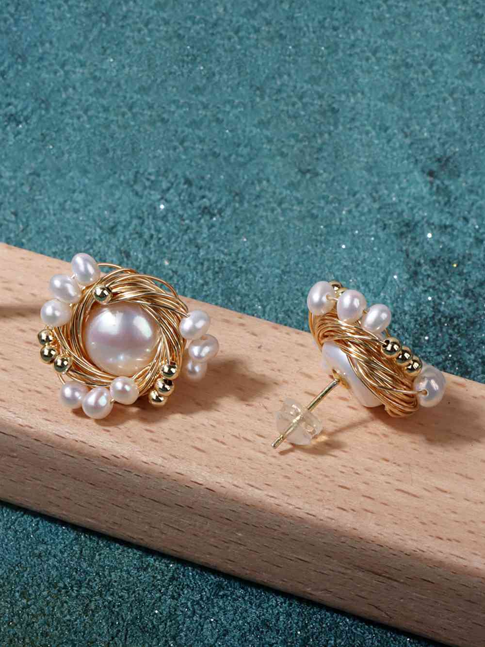 Vintage, ręcznie wykonane kolczyki z naturalnymi perłami w kształcie ptasiego gniazda