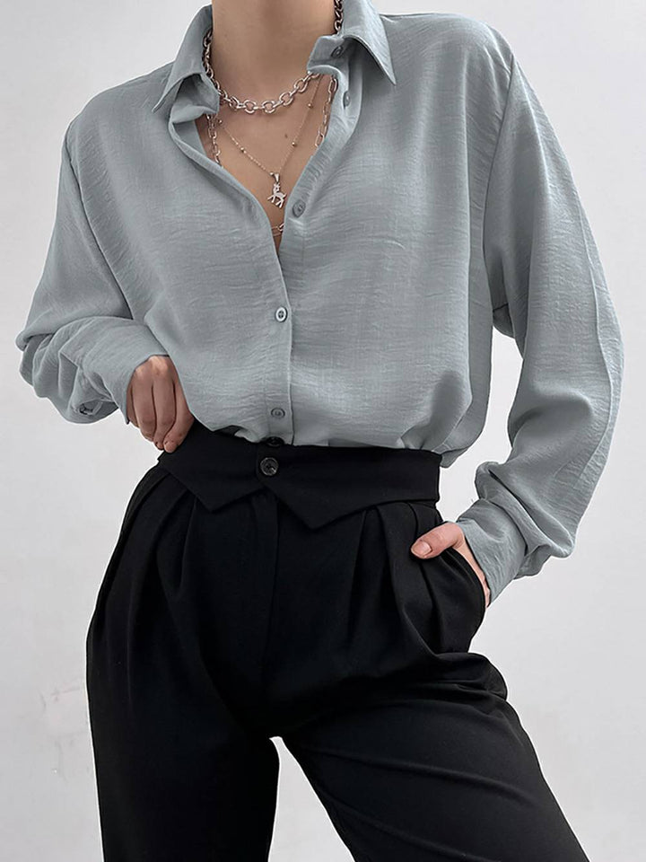 Lapelkrage enkelknäppt skjorta för kvinnor, avslappnad, långärmad, avslappnad hög kvalitet