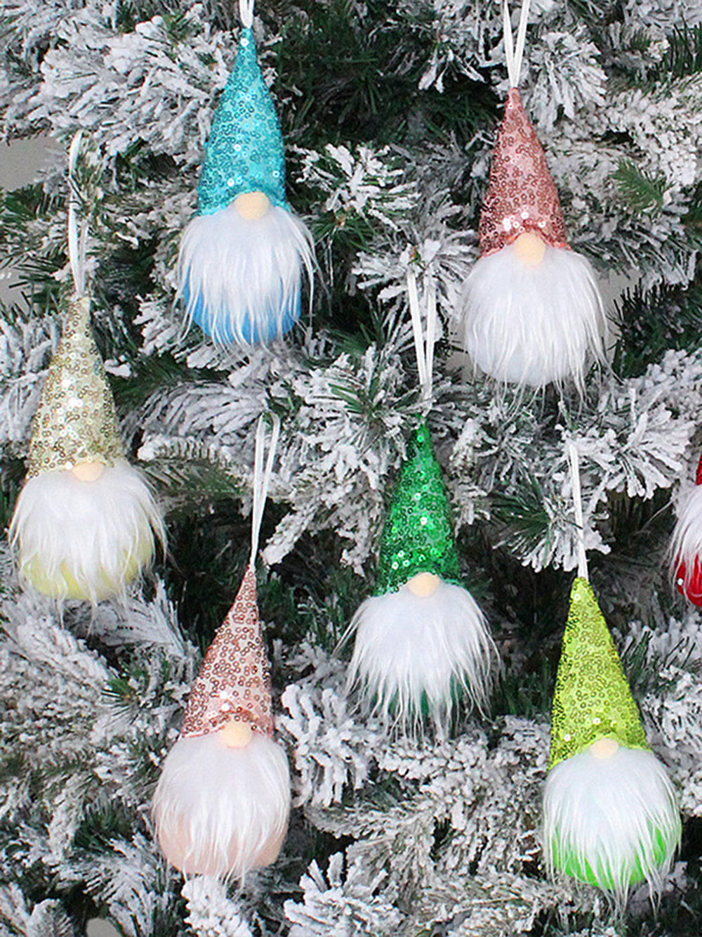 Set di ornamenti per bambole gnomo senza volto scintillanti per albero di Natale da 7 pezzi