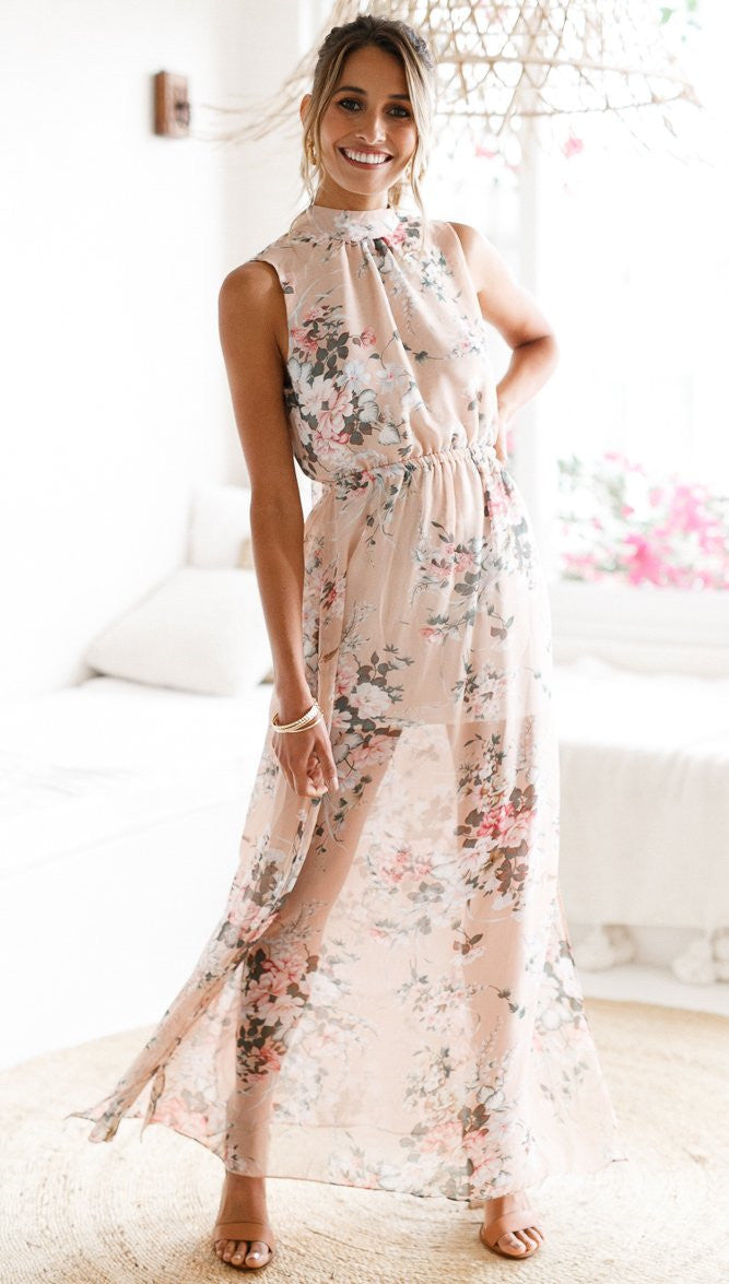 Sukienka wiązana na szyi z kwiatowym nadrukiem w kolorze różowym przydymionym