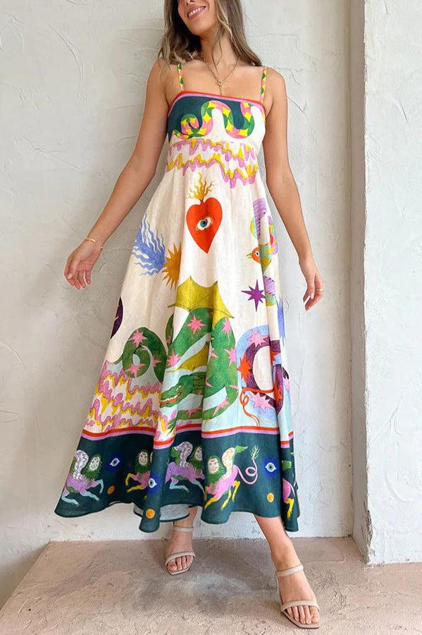 Linen Blend Unique Print Smocked Back Pocketed Midi Dress