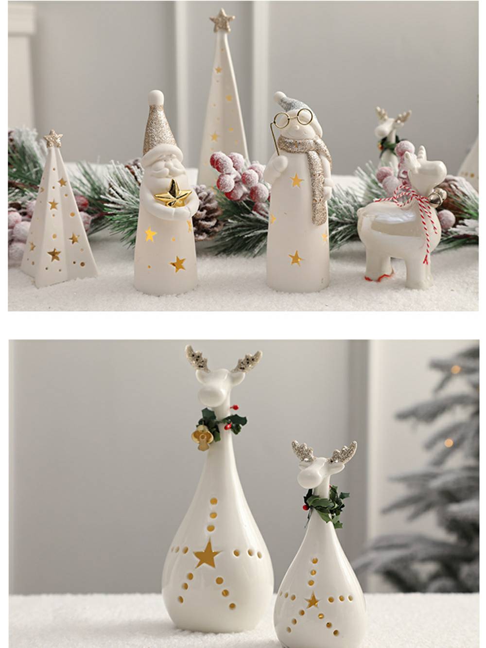Keramik-Weihnachtsdekoration mit leuchtendem Schneemann und Rentier