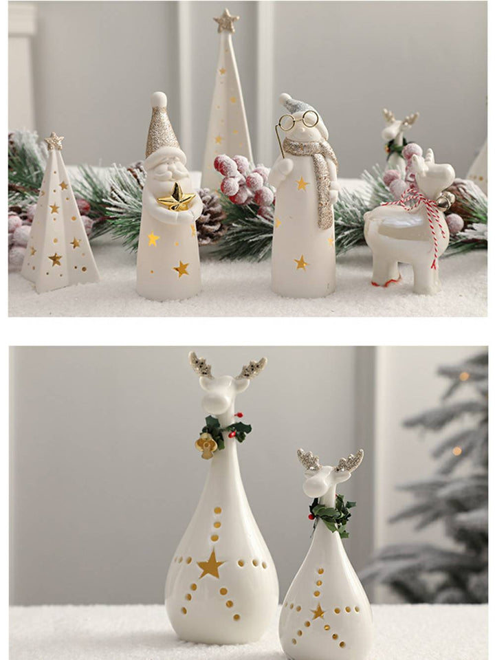 Decoración navideña iluminada de reno y muñeco de nieve de cerámica