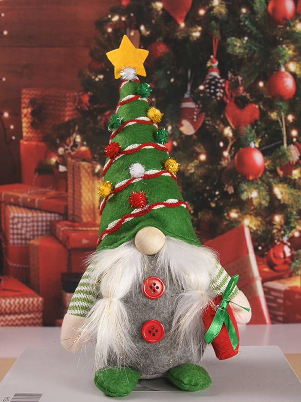 Green Christmas Tree Scandinavian Gnome Plush Elf Decoration with Pearl Snowflakes
