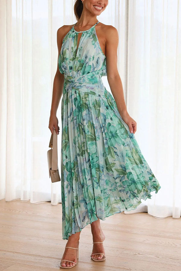 Robe longue plissée à col découpé et imprimé floral turquoise