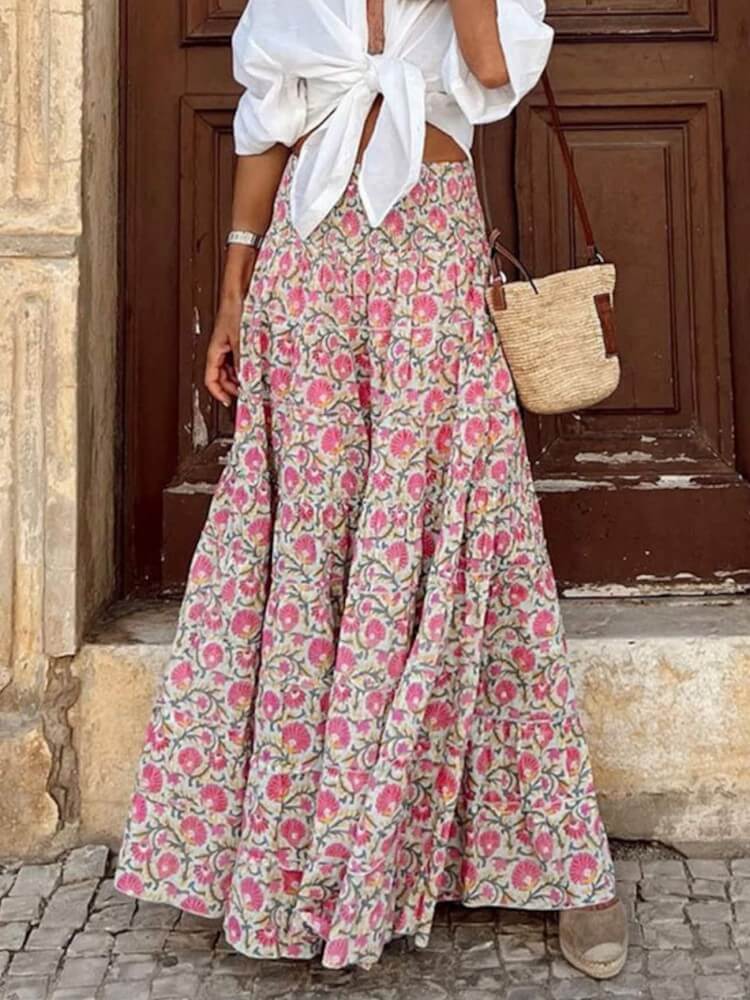 Boho Maxi sukně s květinovým potiskem růže