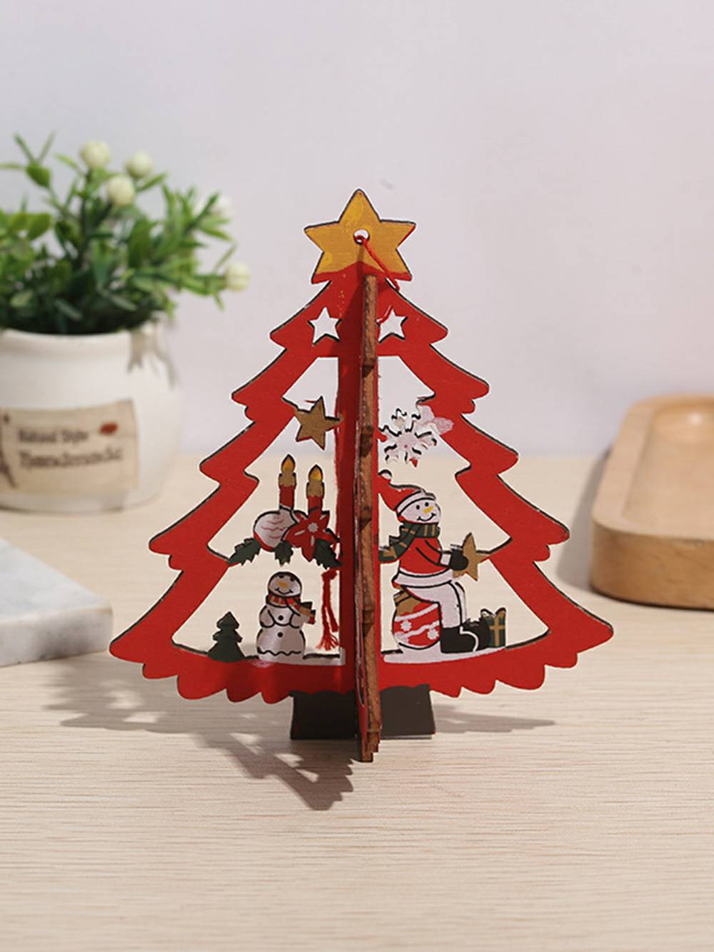 Målad trä Santa Snowflake Tree Star Bell Juldekoration