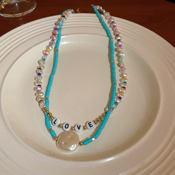 Colier de perle albastre vintage Lanț claviculă de modă