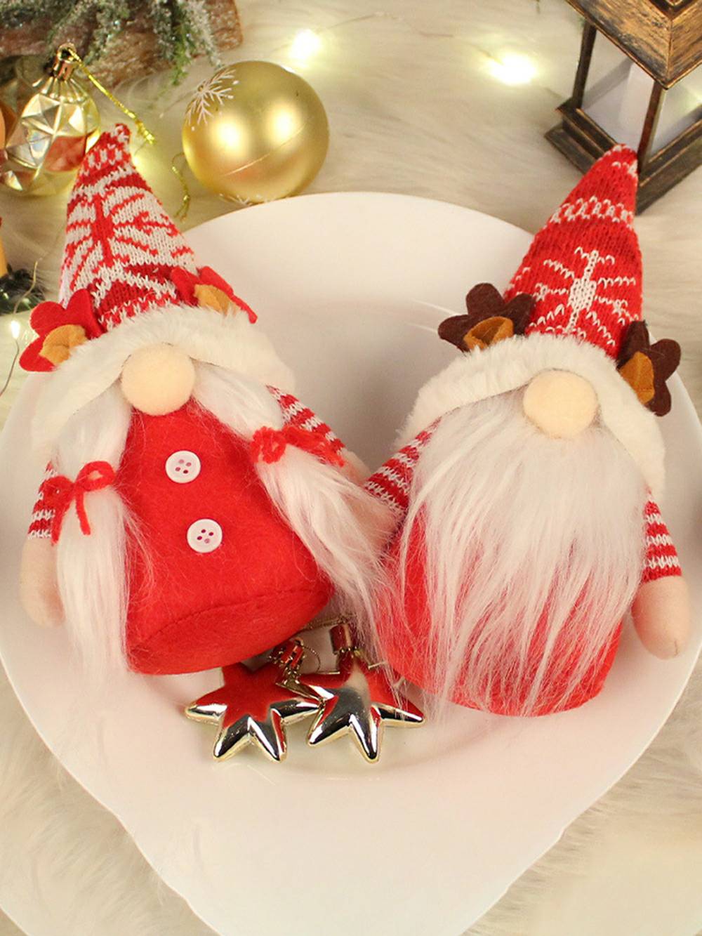 Decorazione natalizia da elfo in peluche: coppia di bambole intrecciate e barbute con corna