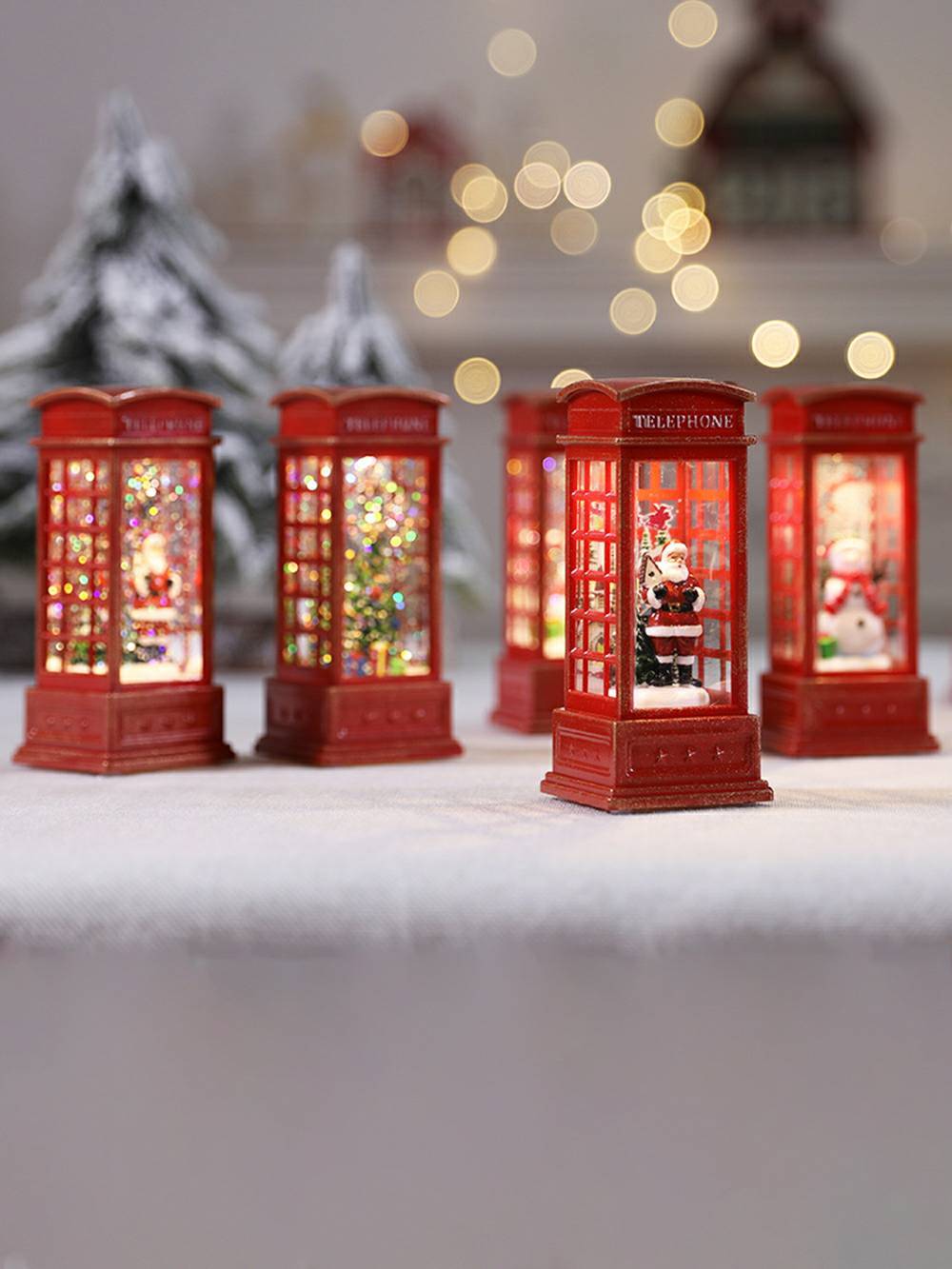 Cabine telefônica de Natal Lâmpada a óleo Decoração de chama de boneco de neve