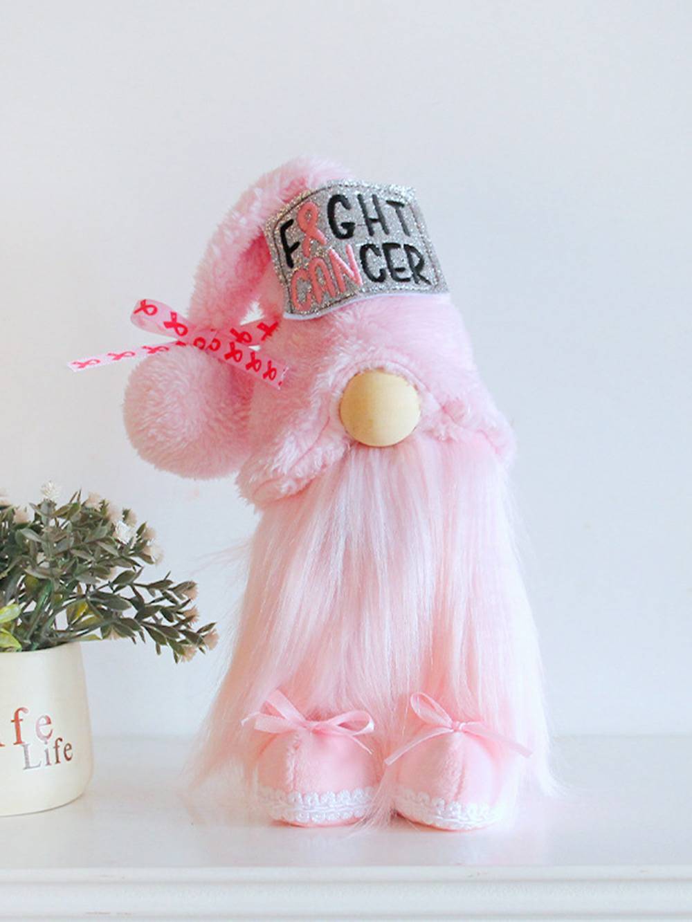 "Cancer Awareness" Pink Plush Gnome Christmas Decoration