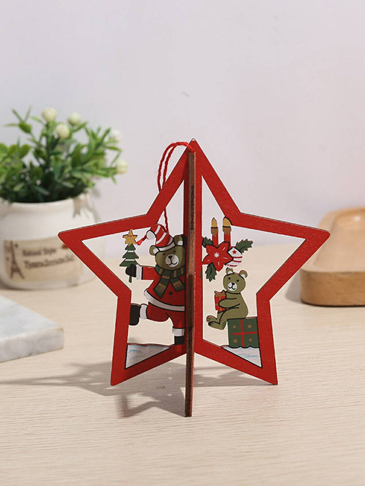 Bemalte Weihnachtsdekoration aus Holz mit Weihnachtsmann, Schneeflocke, Baum und Stern
