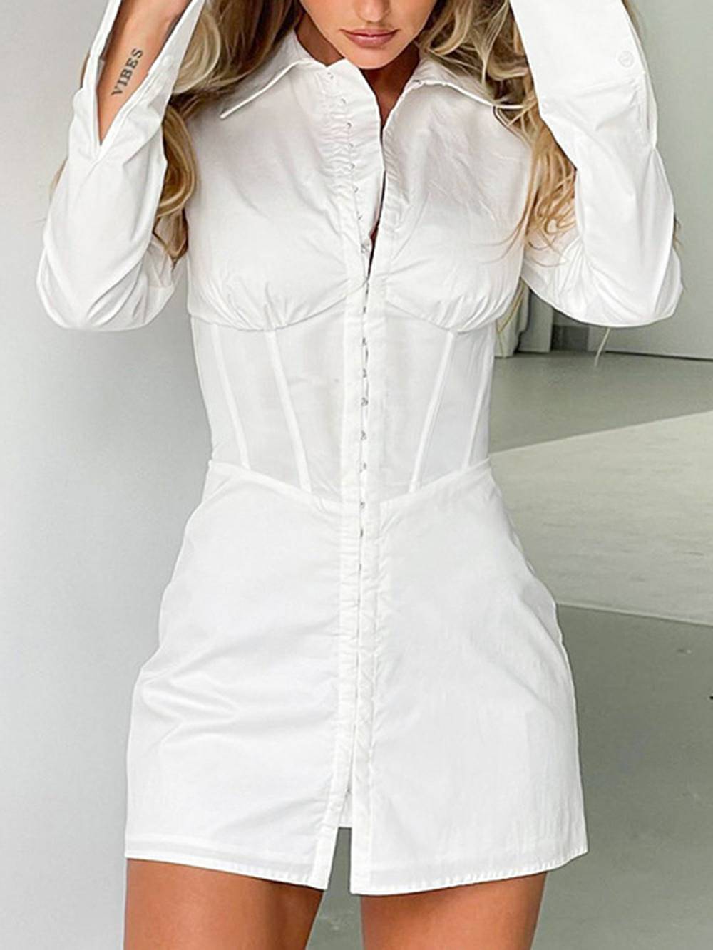 턴다운 칼라 긴 소매 슬림 허리 셔츠 드레스