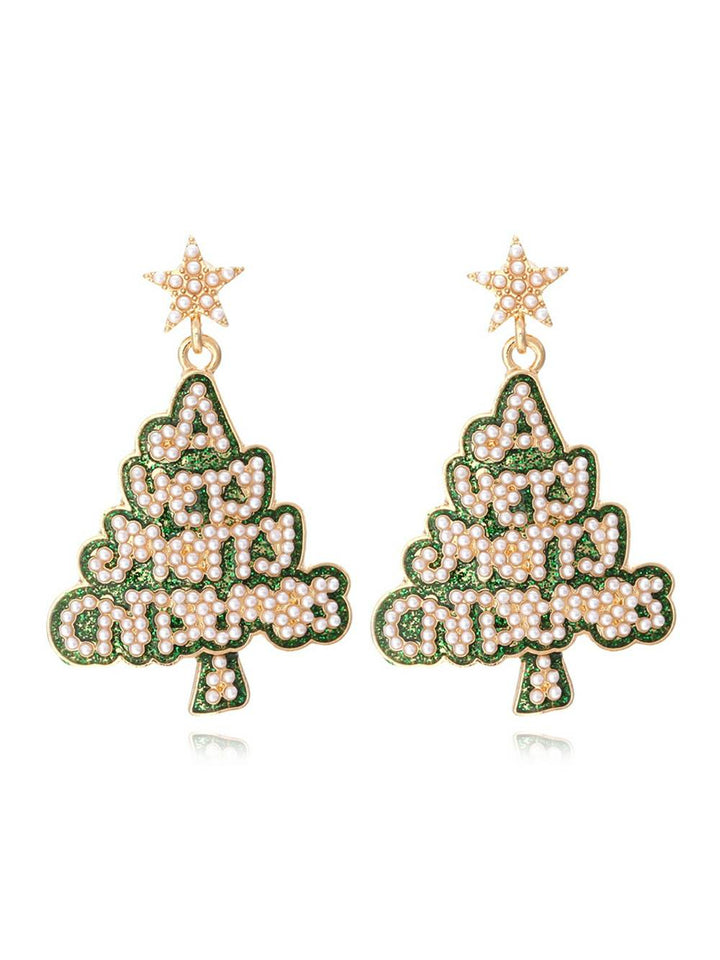 Brincos de árvore de Natal com letras de pérola e estrela