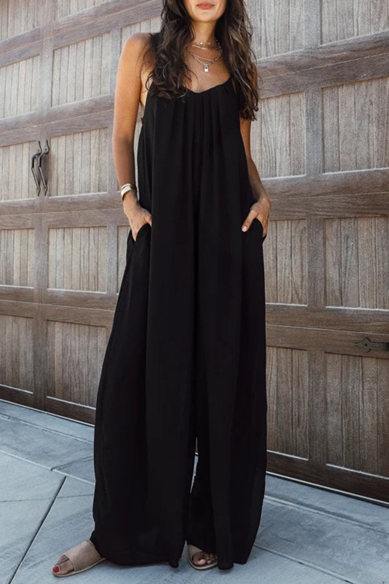 Solid Patchwork Spaghetti Strap Oversized Maxi Jumpsuit i sort